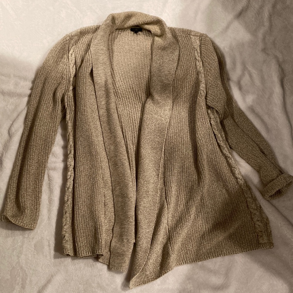 Talbots Knit Cardigan Long Sleeve 100% Cotton Stretchy White/Tan 2X